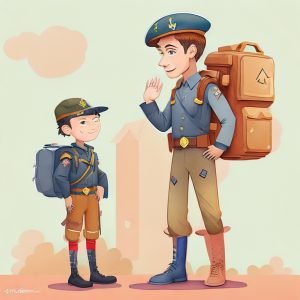 Somos Todos Comandantes - ilustração policial realizando continência a pequeno escoteiro